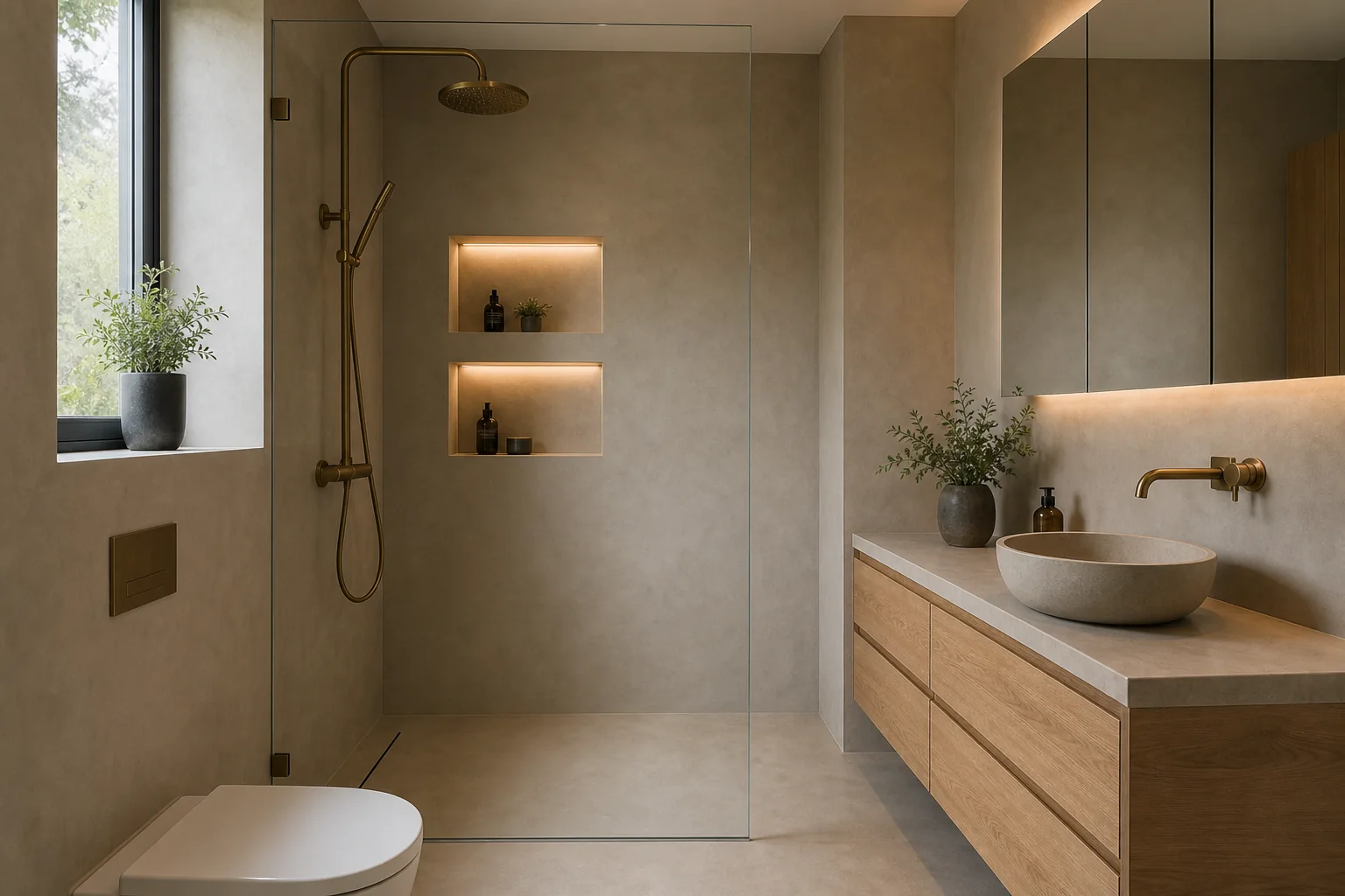 Walk-in microcement shower with illuminated niches and a floating oak vanity
